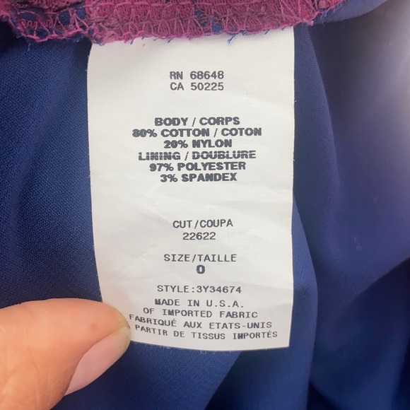 ABS Allen Schwartz purple lace cocktail dress size 0 mini dress 3/4 sleeve - Picture 3 of 7